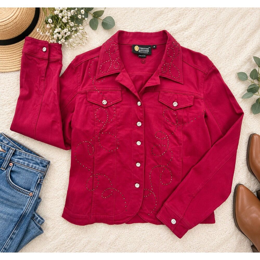 Christine Alexander Pink Rhinestone Western Denim Jacket Size M